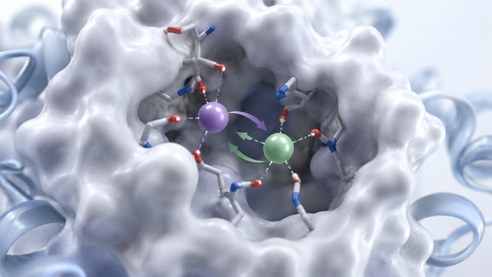 Molecular rendering showing gadolinium and calcium interacting with a binding site